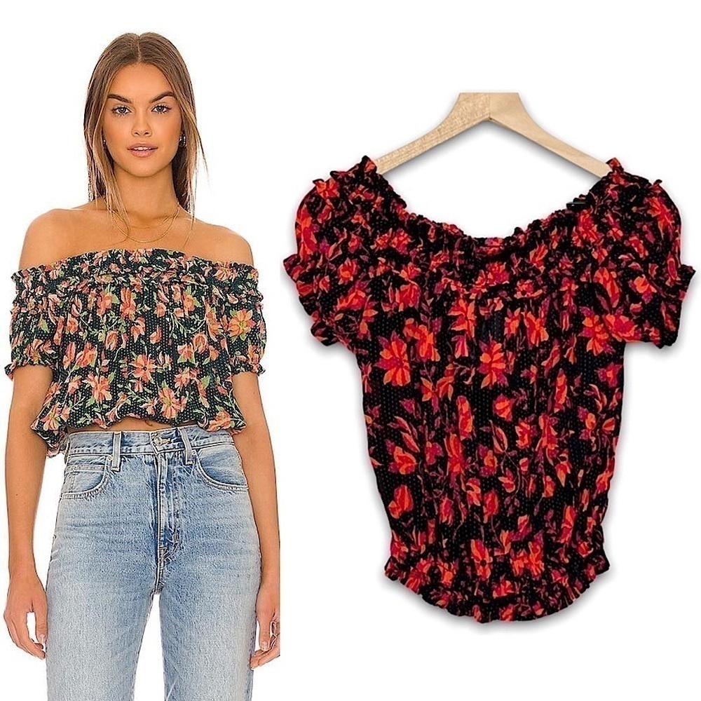 NWT FREE PEOPLE 70s Smocked Off Shoulder‎ Floral Short Sleeve Blouson Crop Top S